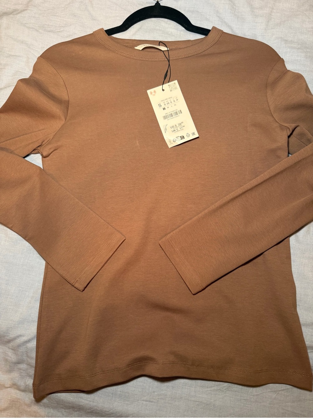 Zara Women's Long-Sleeve Crewneck Top - Tan Brown